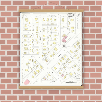 Old map wall art mockup — magnetic wood frame on brick wall — Sanborn Fire Insurance Map from Shenandoah, Page County, Iowa (1909), Sheet #0007
