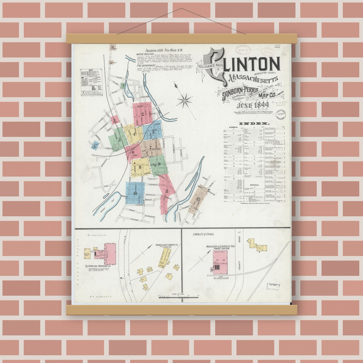 Old map wall art mockup — magnetic wood frame on brick wall — Sanborn Fire Insurance Map from Clinton, Worcester County, Massachusetts (1899) - Complete Map Set
