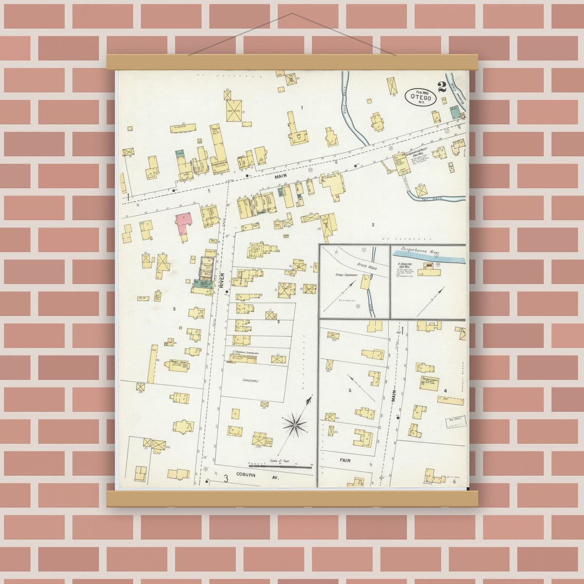 Old map wall art mockup — magnetic wood frame on brick wall — Sanborn Fire Insurance Map from Otego, Otsego County, New York (1903), Sheet #0002