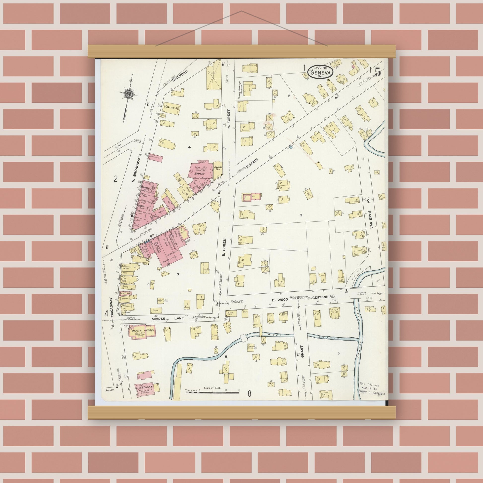 Old map wall art mockup — magnetic wood frame on brick wall — Sanborn Fire Insurance Map from Geneva, Ashtabula County, Ohio (1911), Sheet #0005