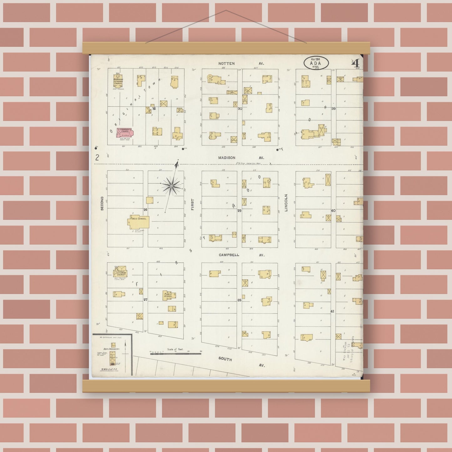 Old map wall art mockup — magnetic wood frame on brick wall — Sanborn Fire Insurance Map from Ada, Norman County, Minnesota (1904), Sheet #0004
