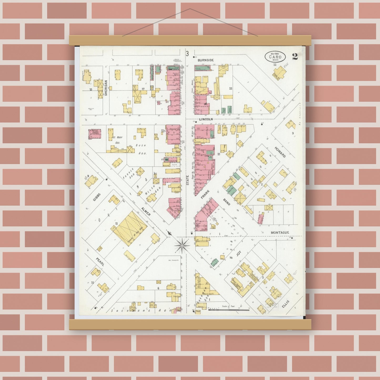 Old map wall art mockup — magnetic wood frame on brick wall — Sanborn Fire Insurance Map from Caro, Tuscola County, Michigan (1900), Sheet #0002