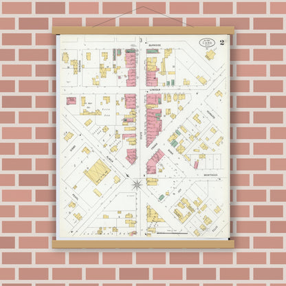 Old map wall art mockup — magnetic wood frame on brick wall — Sanborn Fire Insurance Map from Caro, Tuscola County, Michigan (1900), Sheet #0002