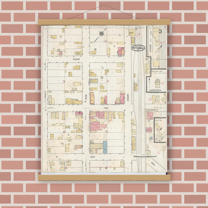 Old map wall art mockup — magnetic wood frame on brick wall — Sanborn Fire Insurance Map from Wittenberg, Shawano County, Wisconsin (1939), Sheet #0003