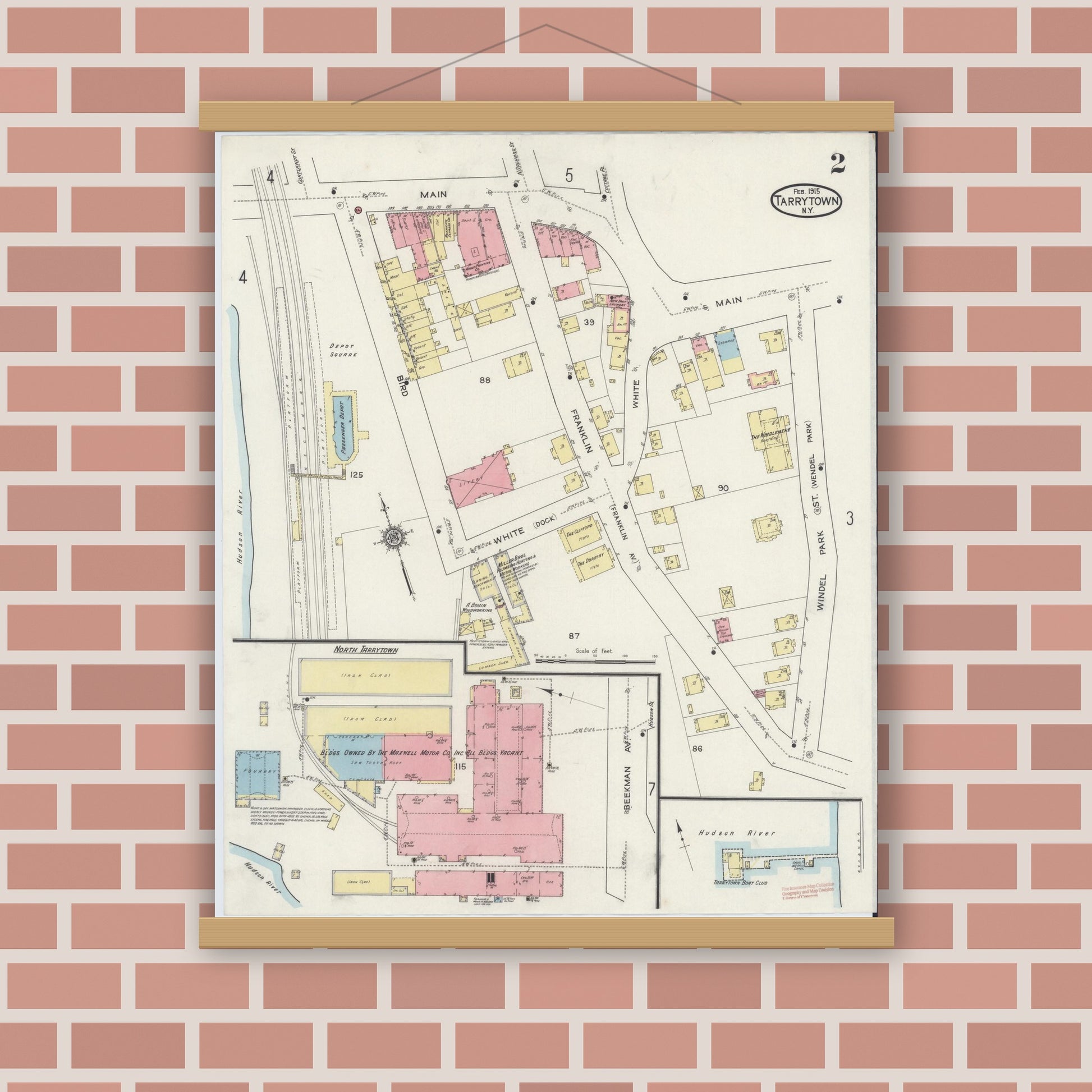 Old map wall art mockup — magnetic wood frame on brick wall — Sanborn Fire Insurance Map from Tarrytown, Westchester County, New York (1915), Sheet #0002