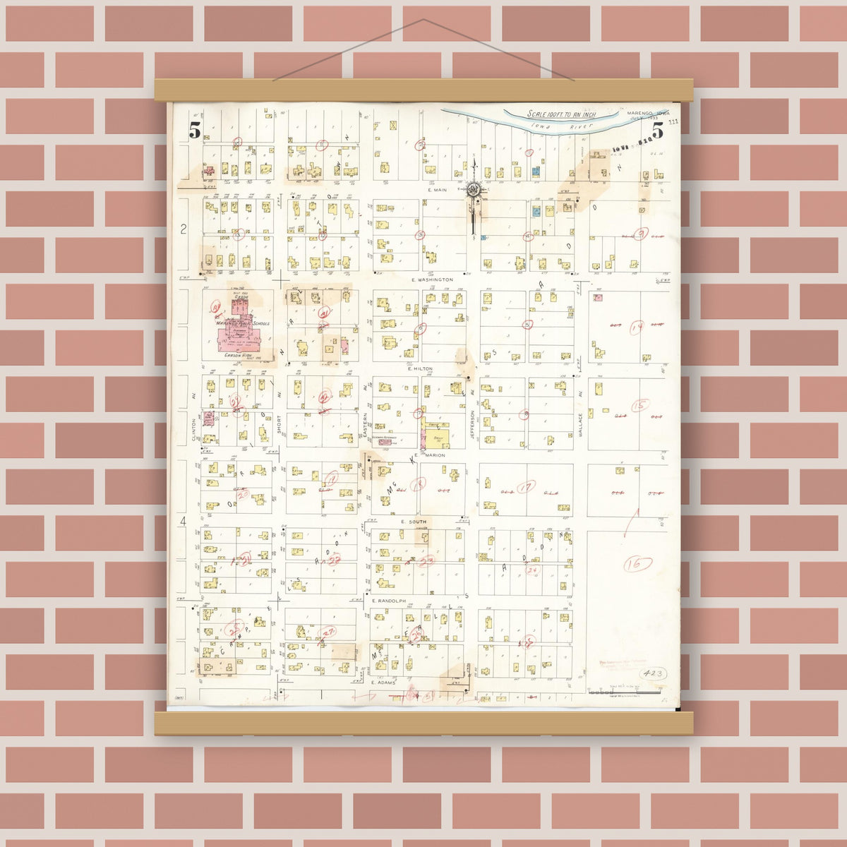 Old map wall art mockup — magnetic wood frame on brick wall — Sanborn Fire Insurance Map from Marengo, Iowa County, Iowa (1942), Sheet #0005