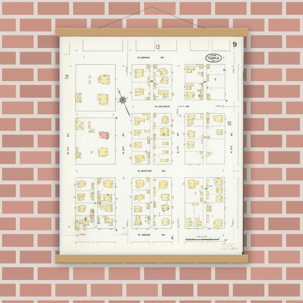 Old map wall art mockup — magnetic wood frame on brick wall — Sanborn Fire Insurance Map from Temple, Bell County, Texas (1910), Sheet #0009