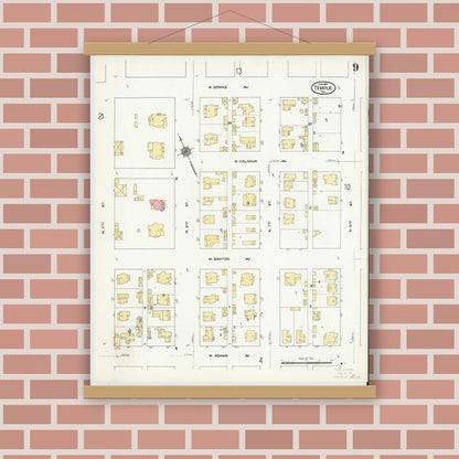 Old map wall art mockup — magnetic wood frame on brick wall — Sanborn Fire Insurance Map from Temple, Bell County, Texas (1910), Sheet #0009