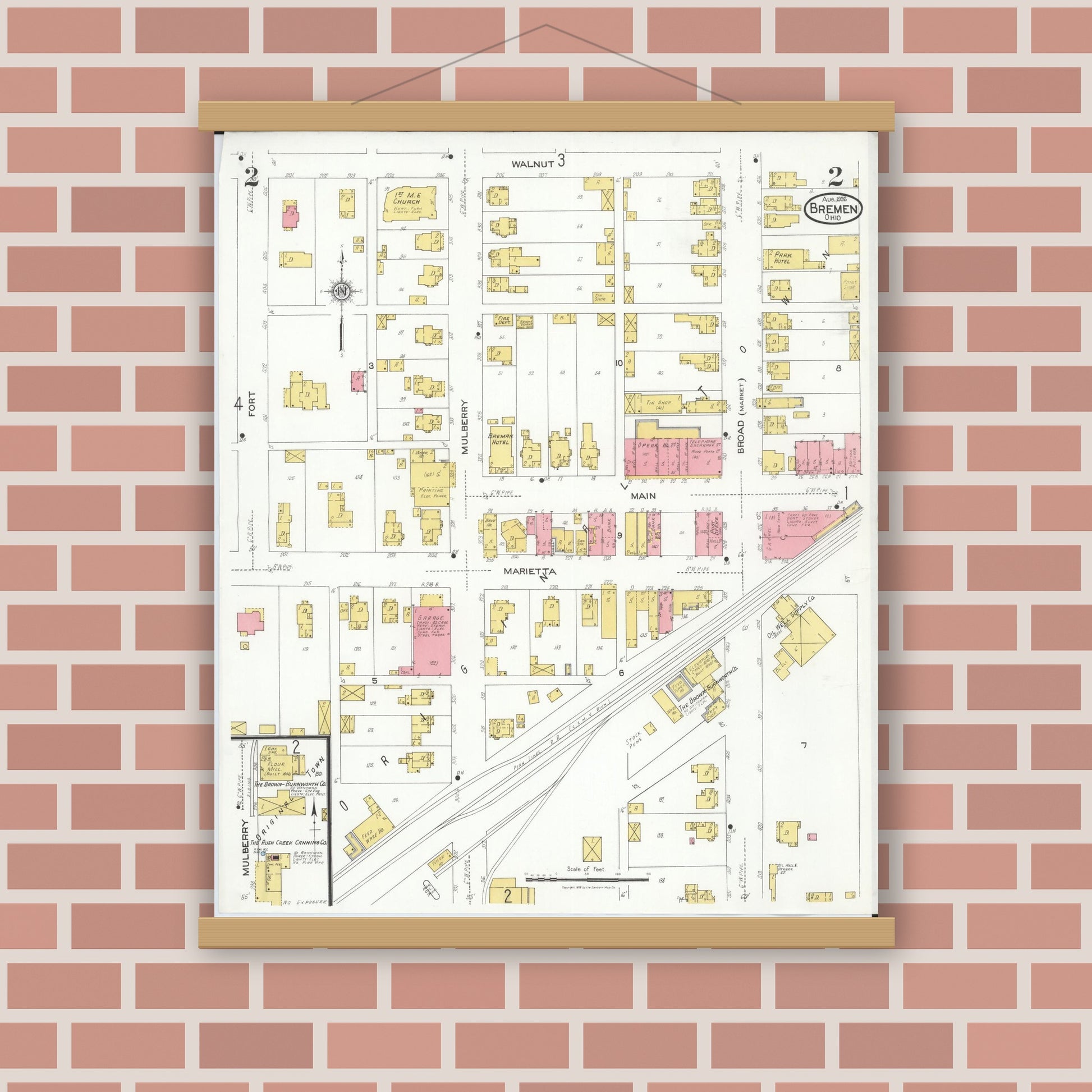 Old map wall art mockup — magnetic wood frame on brick wall — Sanborn Fire Insurance Map from Bremen, Fairfield County, Ohio (1926), Sheet #0002