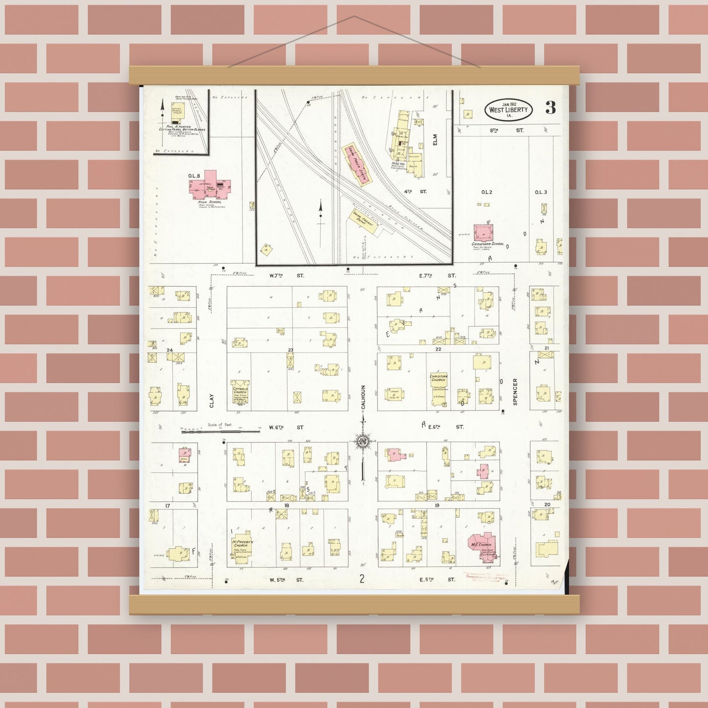 Old map wall art mockup — magnetic wood frame on brick wall — Sanborn Fire Insurance Map from West Liberty, Muscatine County, Iowa (1912), Sheet #0003