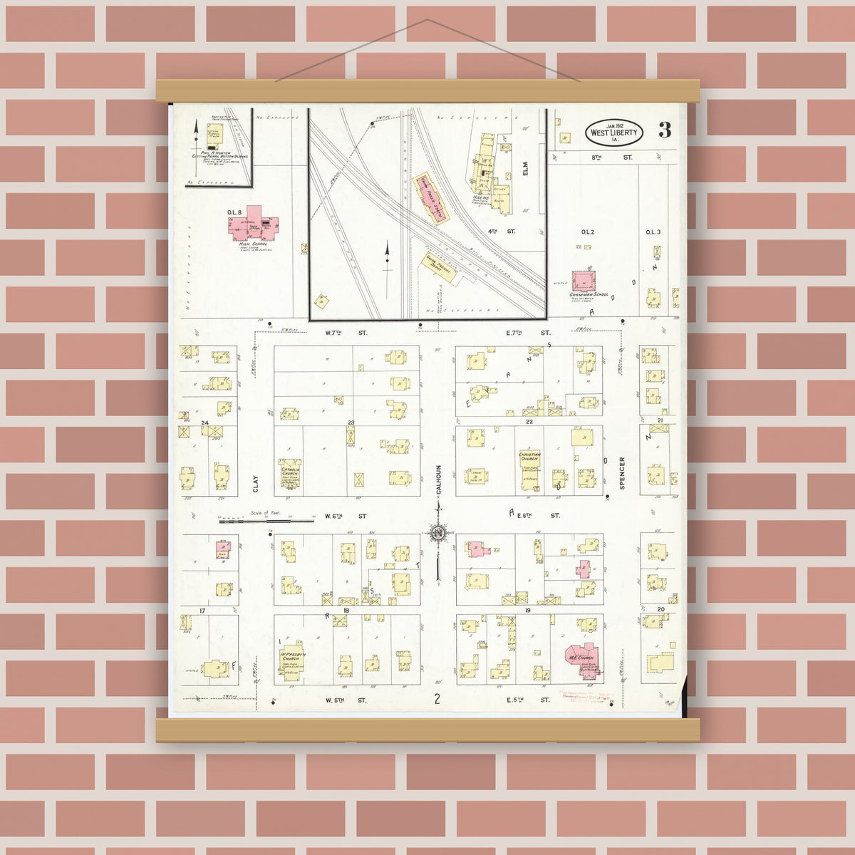 Old map wall art mockup — magnetic wood frame on brick wall — Sanborn Fire Insurance Map from West Liberty, Muscatine County, Iowa (1912), Sheet #0003