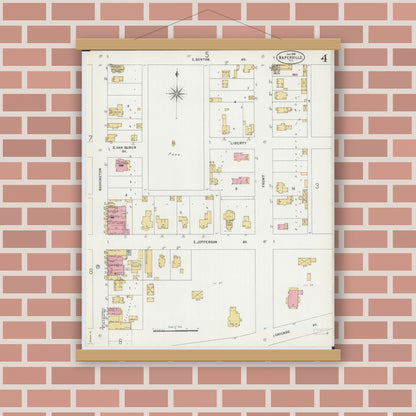 Old map wall art mockup — magnetic wood frame on brick wall — Sanborn Fire Insurance Map from Naperville, Du Page County, Illinois (1898), Sheet #0004
