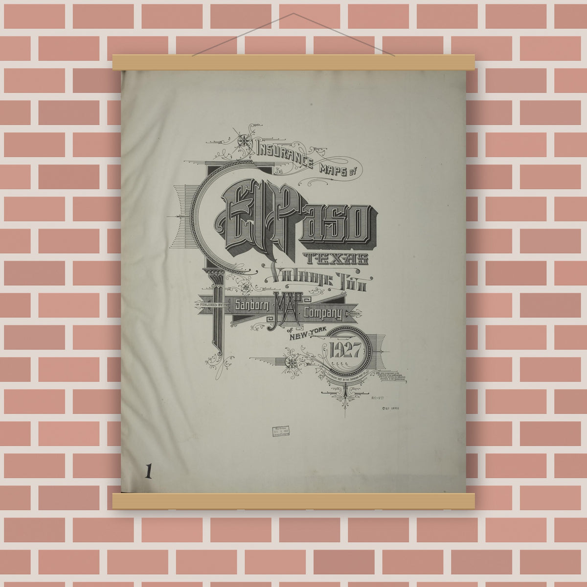 Old map wall art mockup — magnetic wood frame on brick wall — Sanborn Fire Insurance Map from El Paso, El Paso County, Texas (1927), Sheet #0001