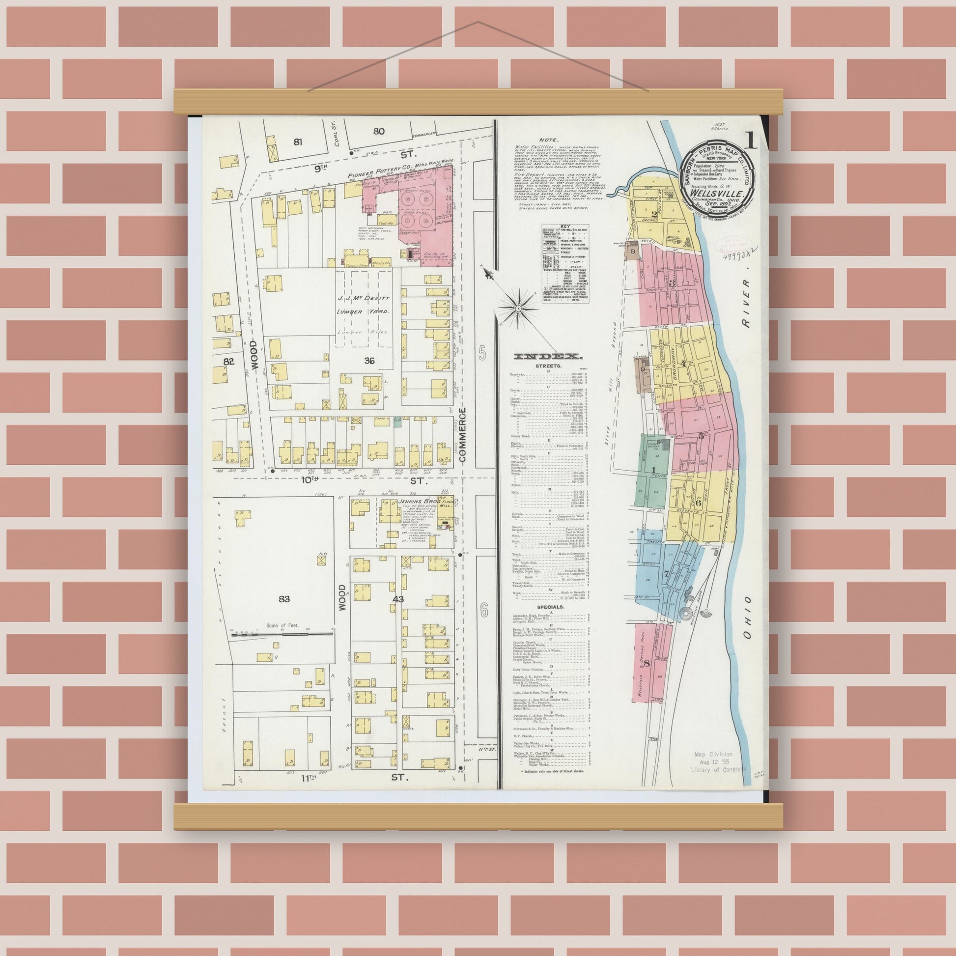 Old map wall art mockup — magnetic wood frame on brick wall — Sanborn Fire Insurance Map from Wellsville, Columbiana County, Ohio (1892) - Complete Map Set