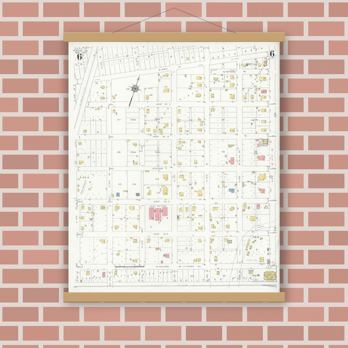 Old map wall art mockup — magnetic wood frame on brick wall — Sanborn Fire Insurance Map from Alpine, Brewster County, Texas (1933), Sheet #0006