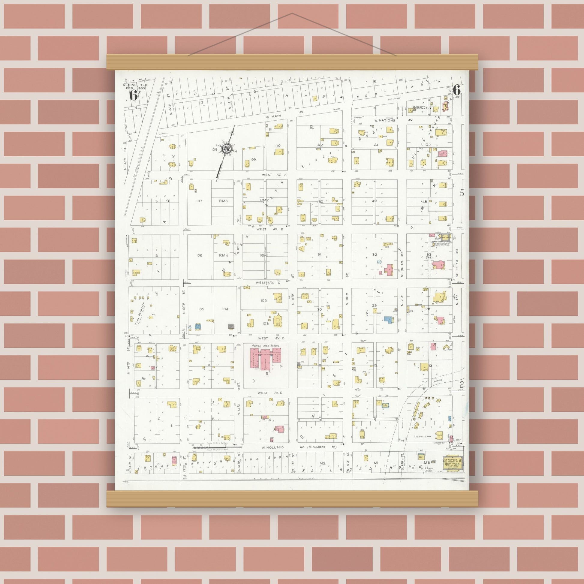 Old map wall art mockup — magnetic wood frame on brick wall — Sanborn Fire Insurance Map from Alpine, Brewster County, Texas (1933), Sheet #0006