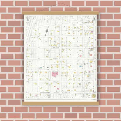 Old map wall art mockup — magnetic wood frame on brick wall — Sanborn Fire Insurance Map from Alpine, Brewster County, Texas (1933), Sheet #0006