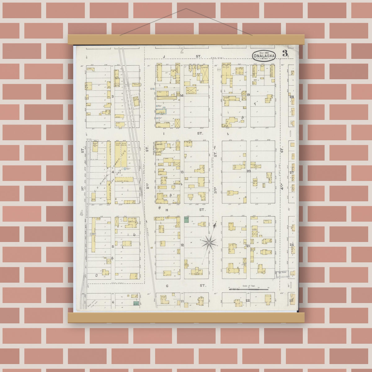 Old map wall art mockup — magnetic wood frame on brick wall — Sanborn Fire Insurance Map from Onalaska, La Crosse County, Wisconsin (1894), Sheet #0003