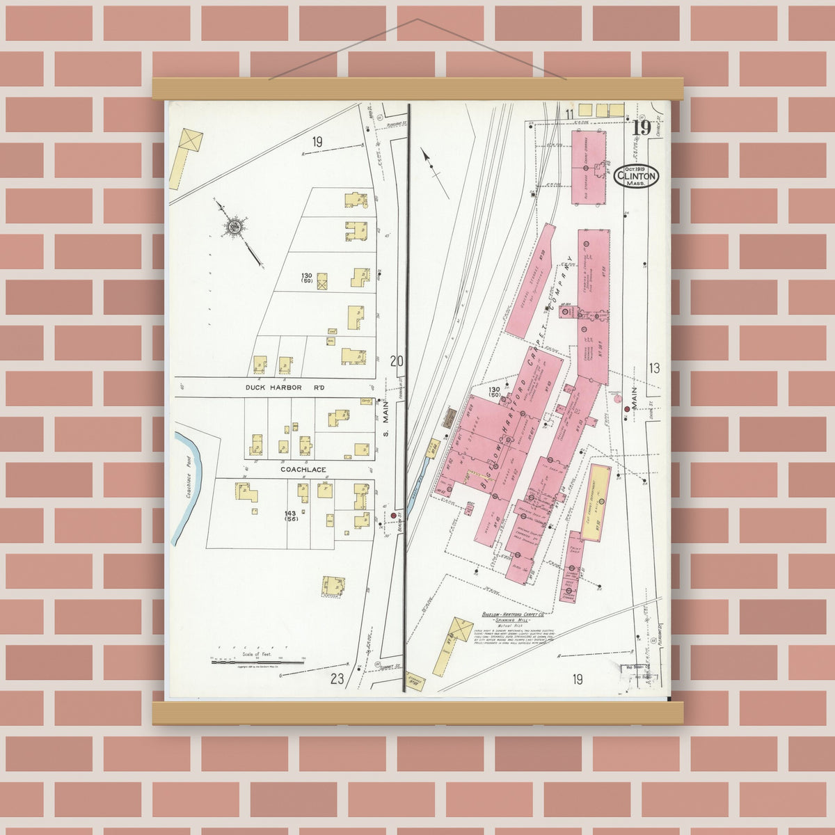 Old map wall art mockup — magnetic wood frame on brick wall — Sanborn Fire Insurance Map from Clinton, Worcester County, Massachusetts (1919), Sheet #0019