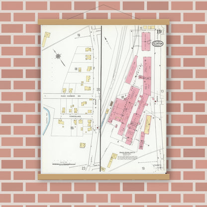 Old map wall art mockup — magnetic wood frame on brick wall — Sanborn Fire Insurance Map from Clinton, Worcester County, Massachusetts (1919), Sheet #0019