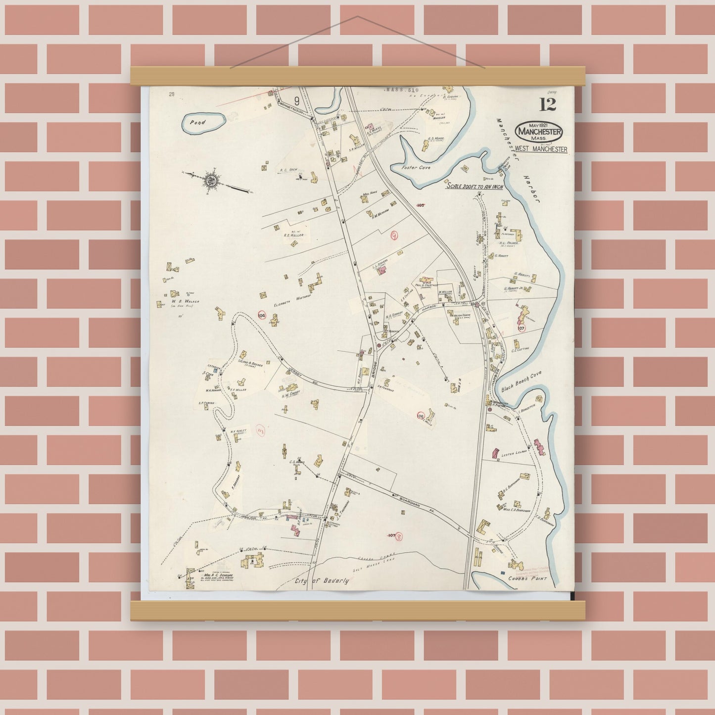 Old map wall art mockup — magnetic wood frame on brick wall — Sanborn Fire Insurance Map from Manchester, Essex County, Massachusetts (1941), Sheet #0012