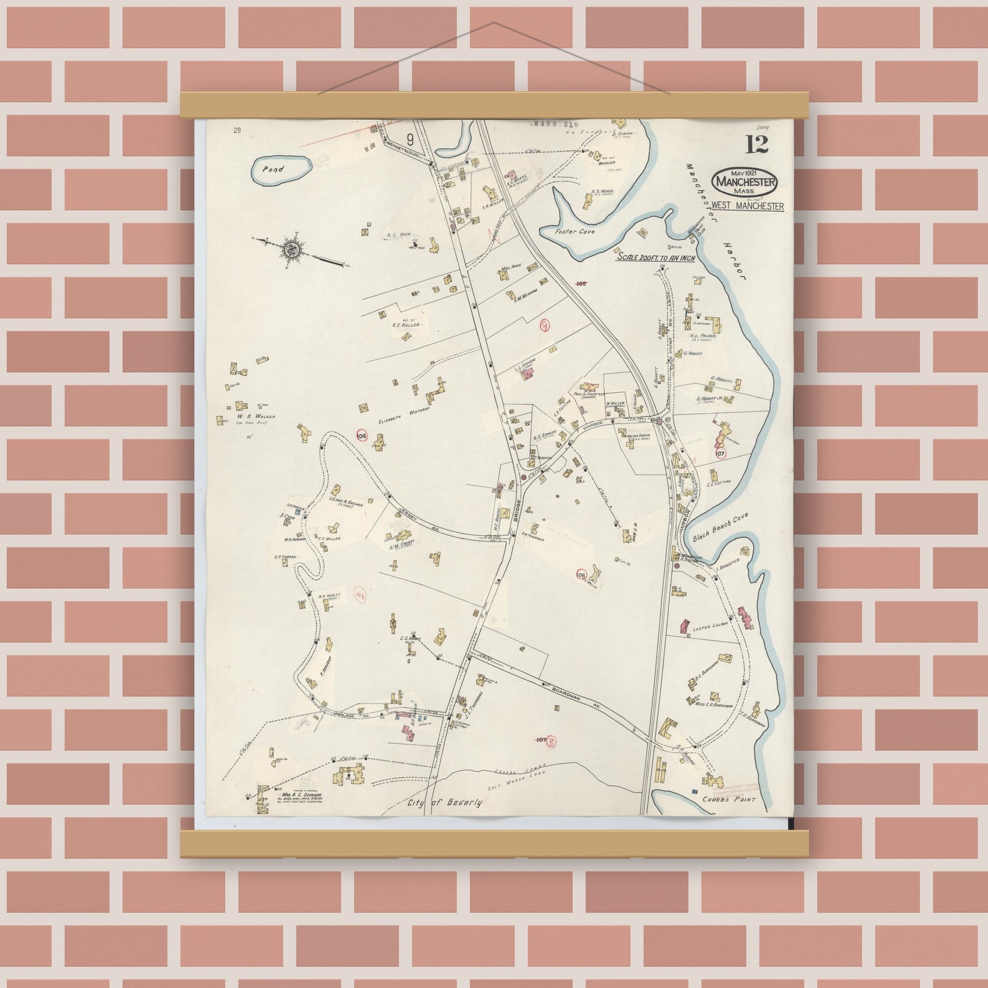 Old map wall art mockup — magnetic wood frame on brick wall — Sanborn Fire Insurance Map from Manchester, Essex County, Massachusetts (1941), Sheet #0012