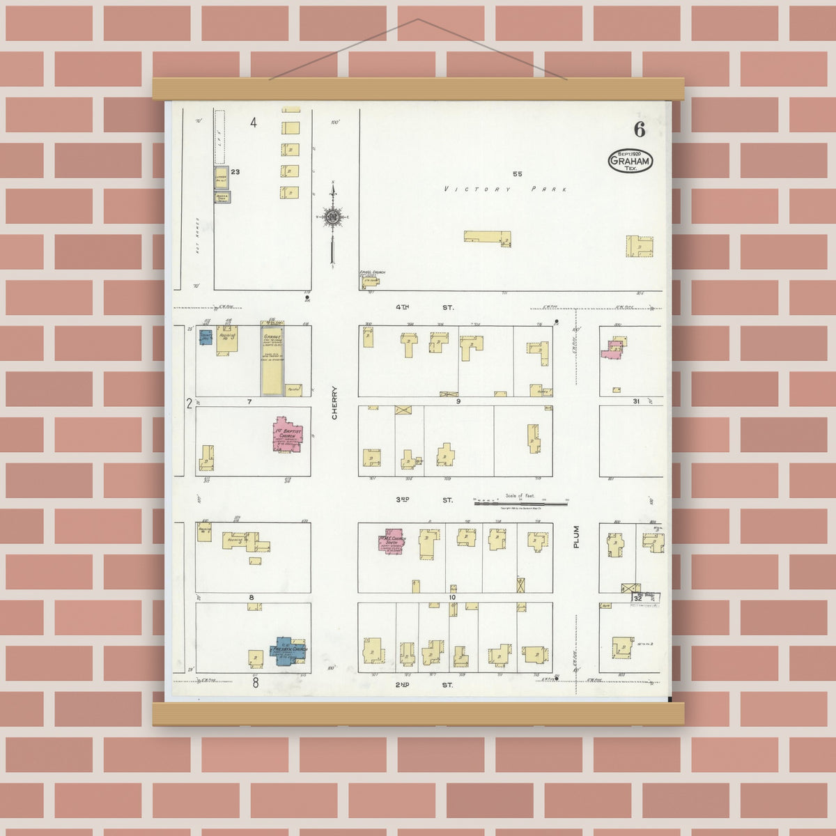 Old map wall art mockup — magnetic wood frame on brick wall — Sanborn Fire Insurance Map from Graham, Young County, Texas (1920), Sheet #0006