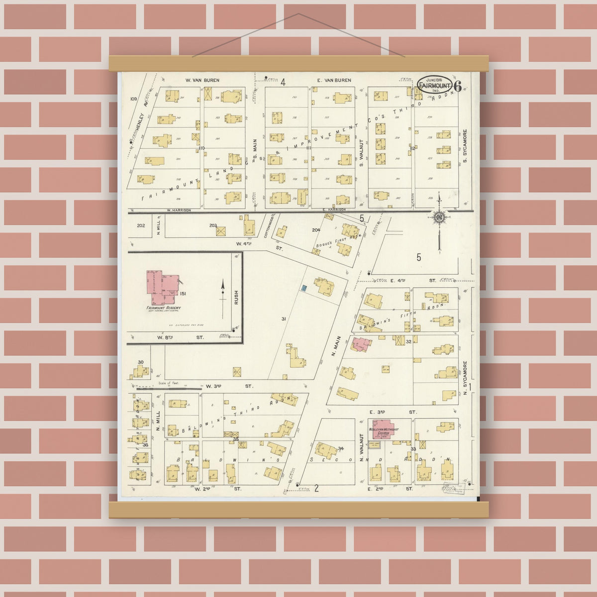 Old map wall art mockup — magnetic wood frame on brick wall — Sanborn Fire Insurance Map from Fairmount, Grant County, Indiana (1916), Sheet #0006