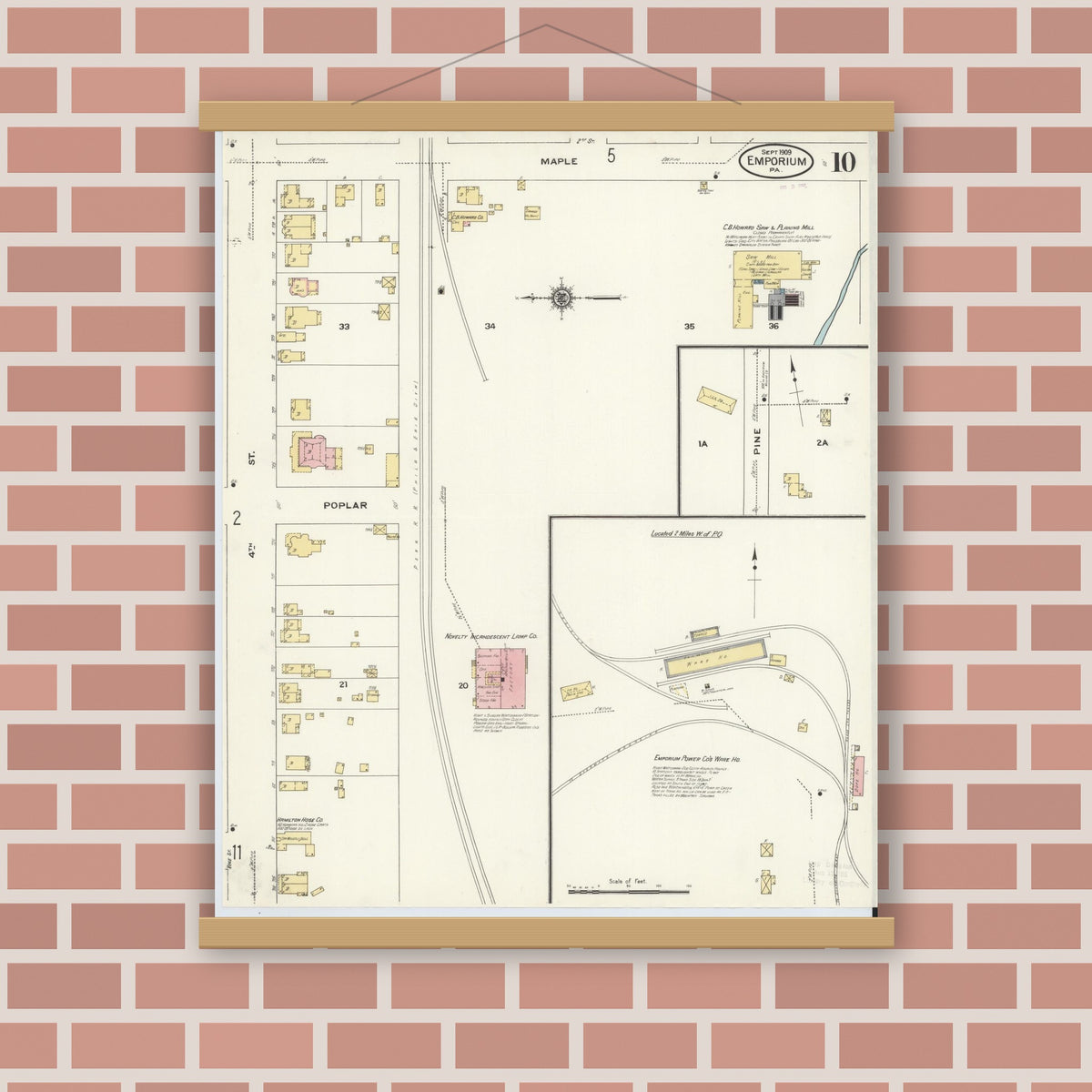 Old map wall art mockup — magnetic wood frame on brick wall — Sanborn Fire Insurance Map from Emporium, Cameron County, Pennsylvania (1909), Sheet #0010