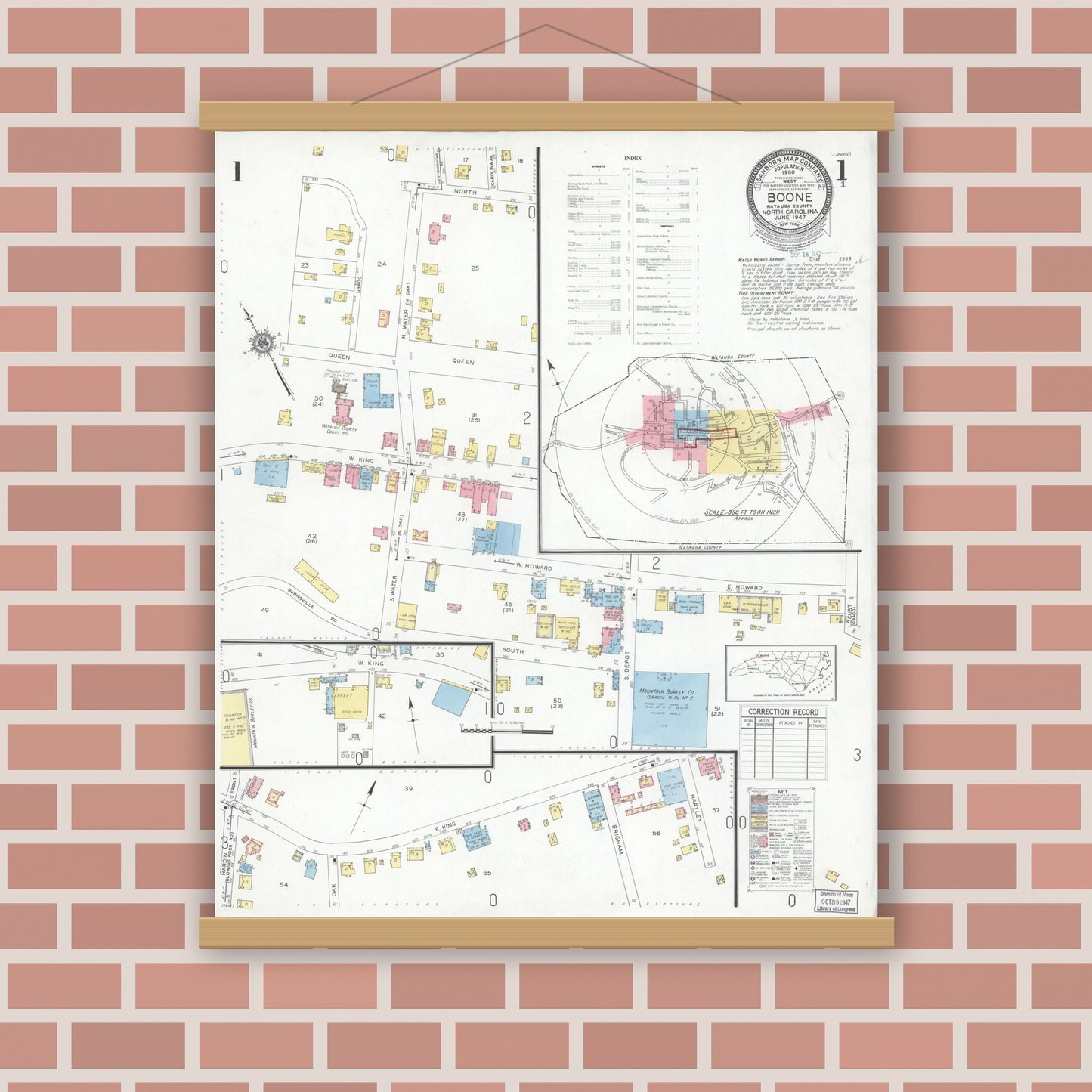 Old map wall art mockup — magnetic wood frame on brick wall — Sanborn Fire Insurance Map from Boone, Watauga County, North Carolina (1947) - Complete Map Set