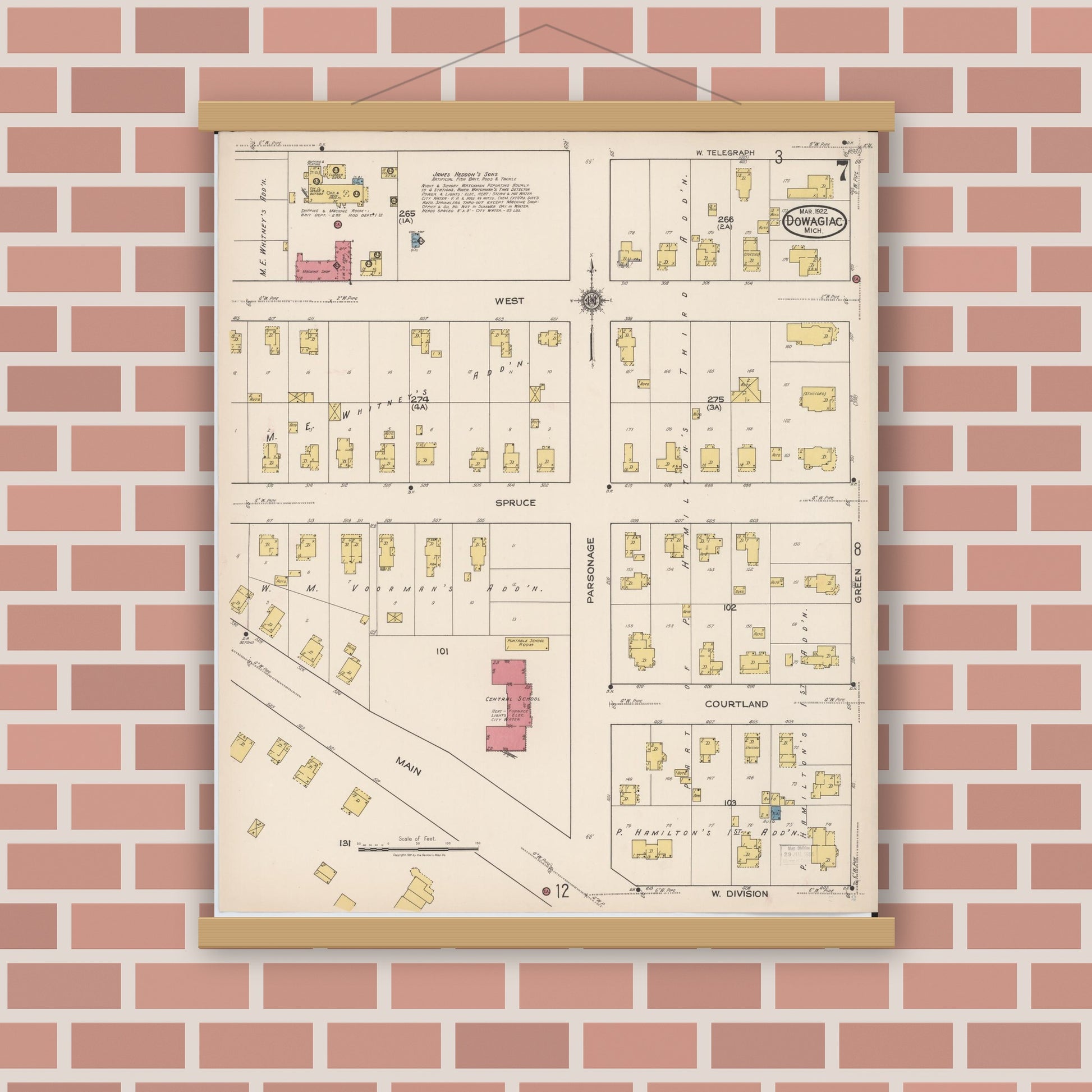 Old map wall art mockup — magnetic wood frame on brick wall — Sanborn Fire Insurance Map from Dowagiac, Cass County, Michigan (1922), Sheet #0007