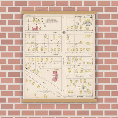 Old map wall art mockup — magnetic wood frame on brick wall — Sanborn Fire Insurance Map from Dowagiac, Cass County, Michigan (1922), Sheet #0007