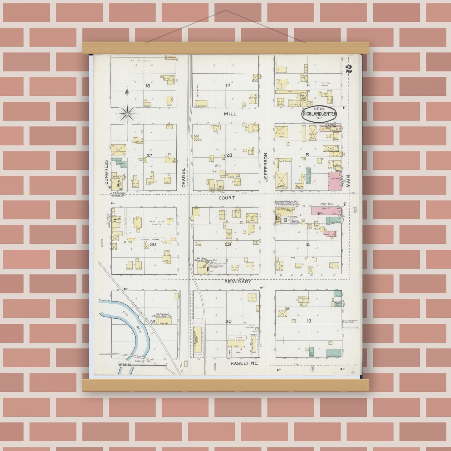 Old map wall art mockup — magnetic wood frame on brick wall — Sanborn Fire Insurance Map from Richland Center, Richland County, Wisconsin (1892), Sheet #0002