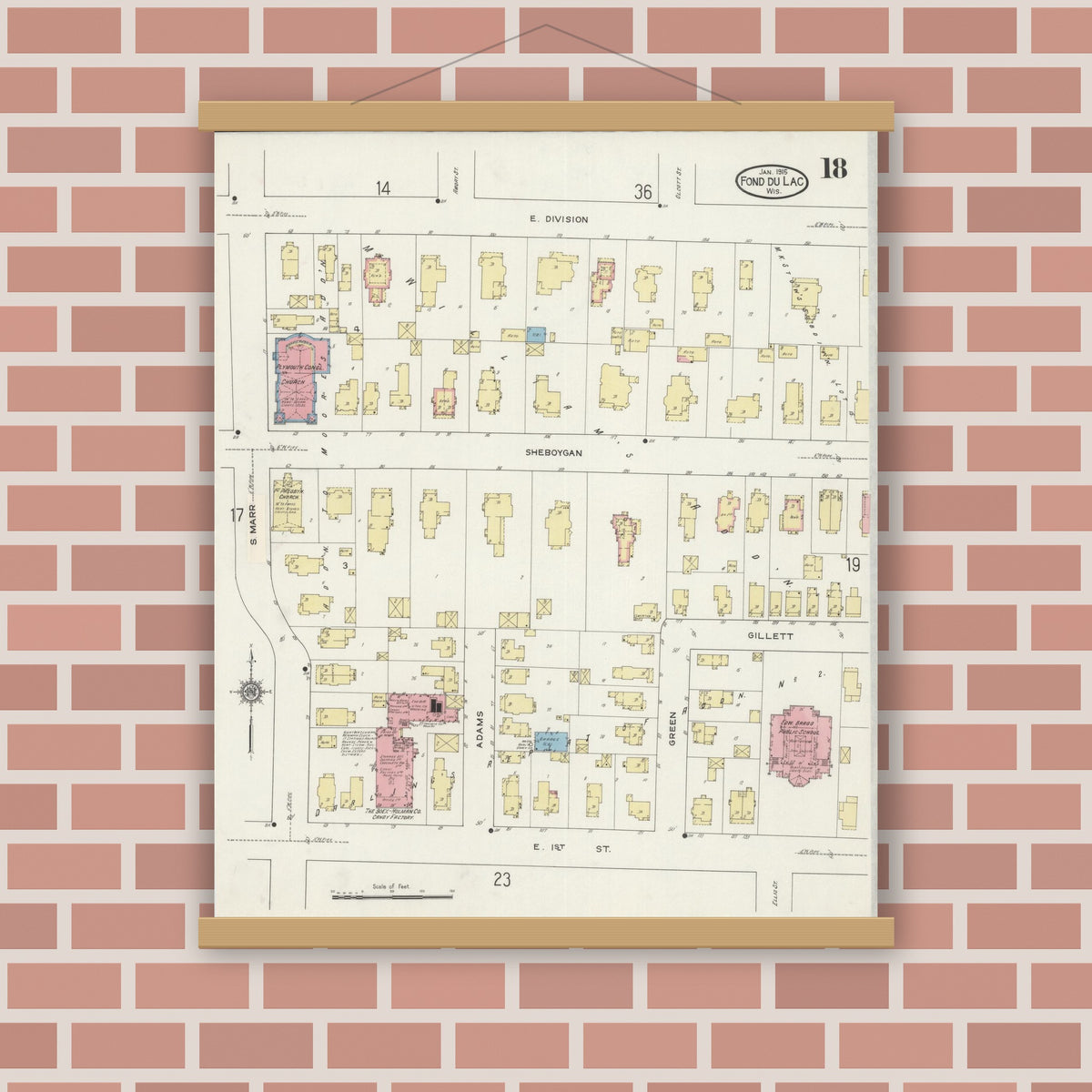 Old map wall art mockup — magnetic wood frame on brick wall — Sanborn Fire Insurance Map from Fond du Lac, Fond du Lac County, Wisconsin (1915), Sheet #0018