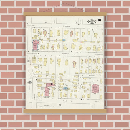 Old map wall art mockup — magnetic wood frame on brick wall — Sanborn Fire Insurance Map from Fond du Lac, Fond du Lac County, Wisconsin (1915), Sheet #0018
