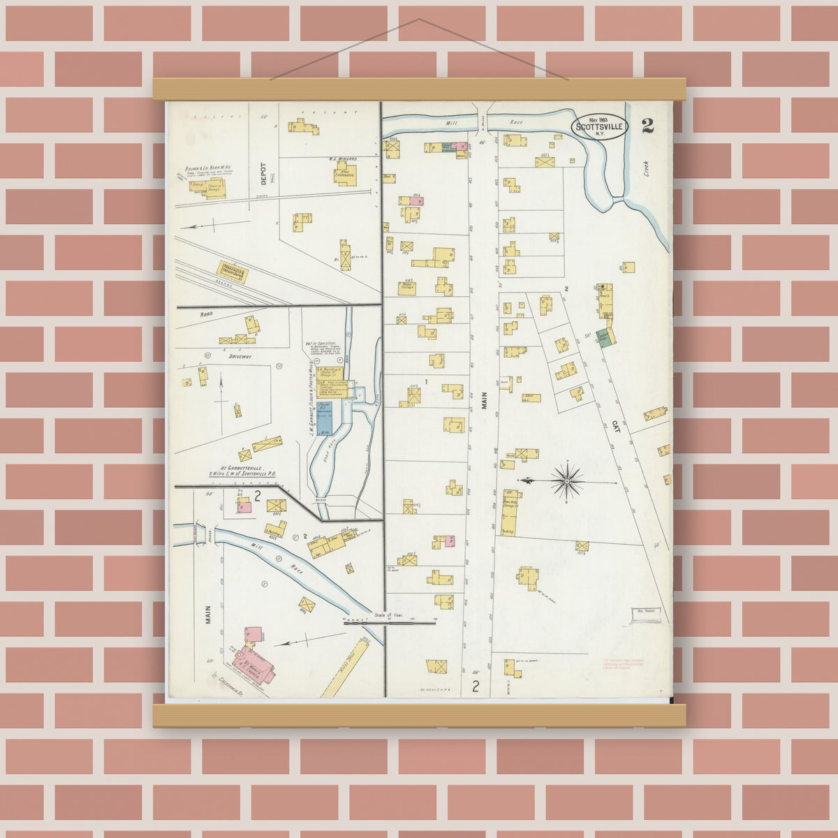 Old map wall art mockup — magnetic wood frame on brick wall — Sanborn Fire Insurance Map from Scottsville, Monroe County, New York (1903), Sheet #0002