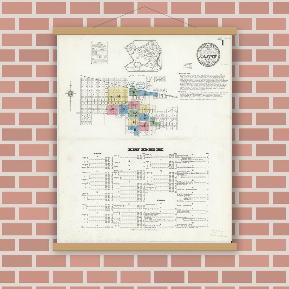 Old map wall art mockup — magnetic wood frame on brick wall — Sanborn Fire Insurance Map from Plainview, Hale County, Texas (1914) - Complete Map Set