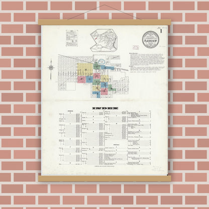Old map wall art mockup — magnetic wood frame on brick wall — Sanborn Fire Insurance Map from Plainview, Hale County, Texas (1914) - Complete Map Set