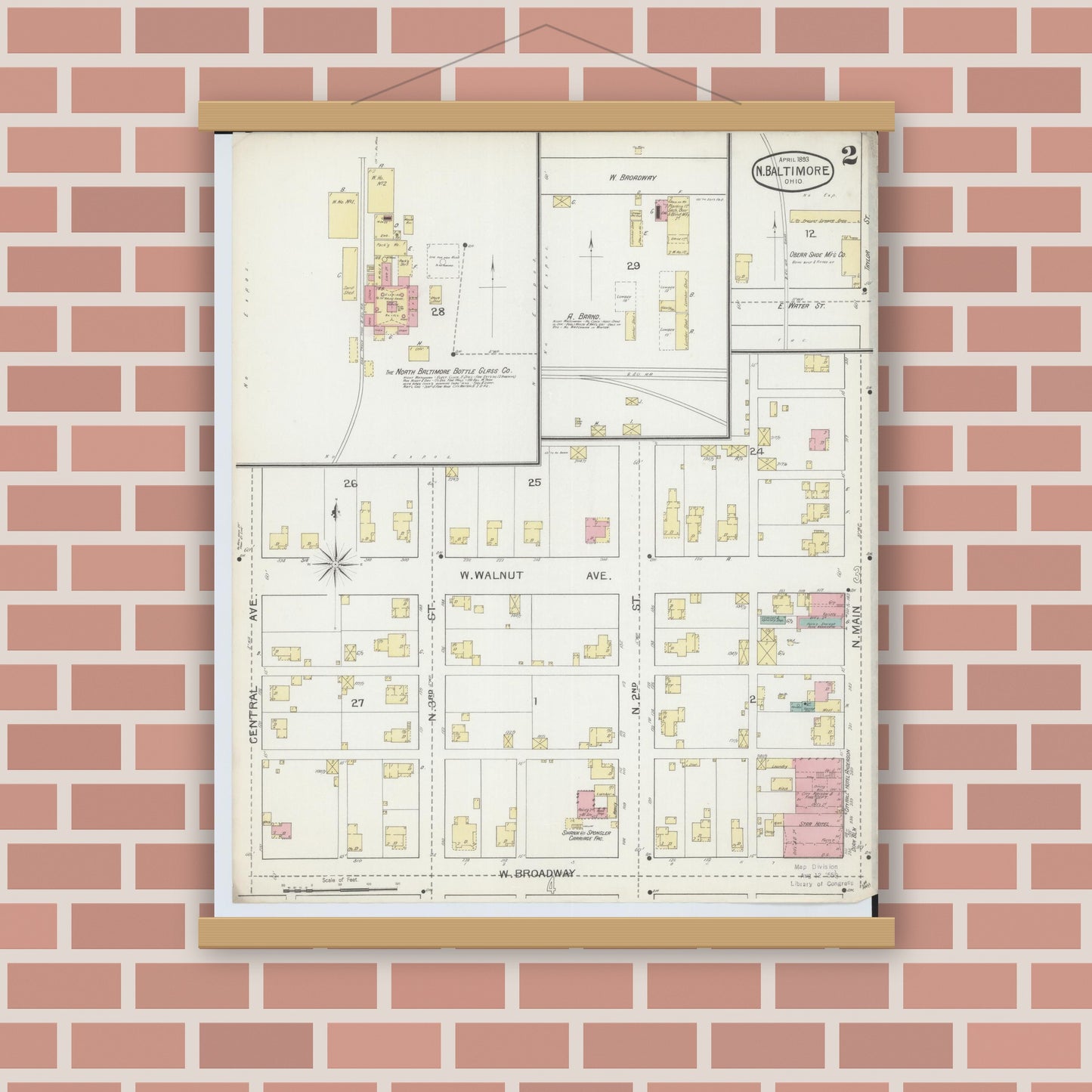 Old map wall art mockup — magnetic wood frame on brick wall — Sanborn Fire Insurance Map from North Baltimore, Wood County, Ohio (1893), Sheet #0002