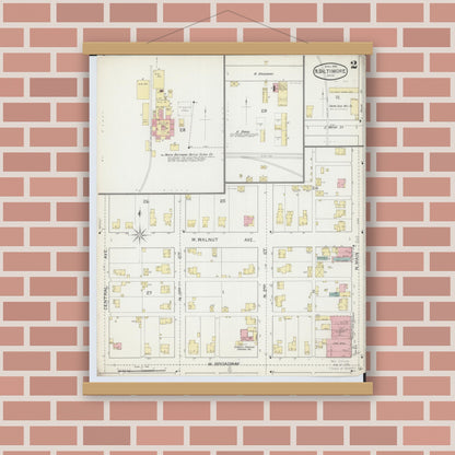Old map wall art mockup — magnetic wood frame on brick wall — Sanborn Fire Insurance Map from North Baltimore, Wood County, Ohio (1893), Sheet #0002