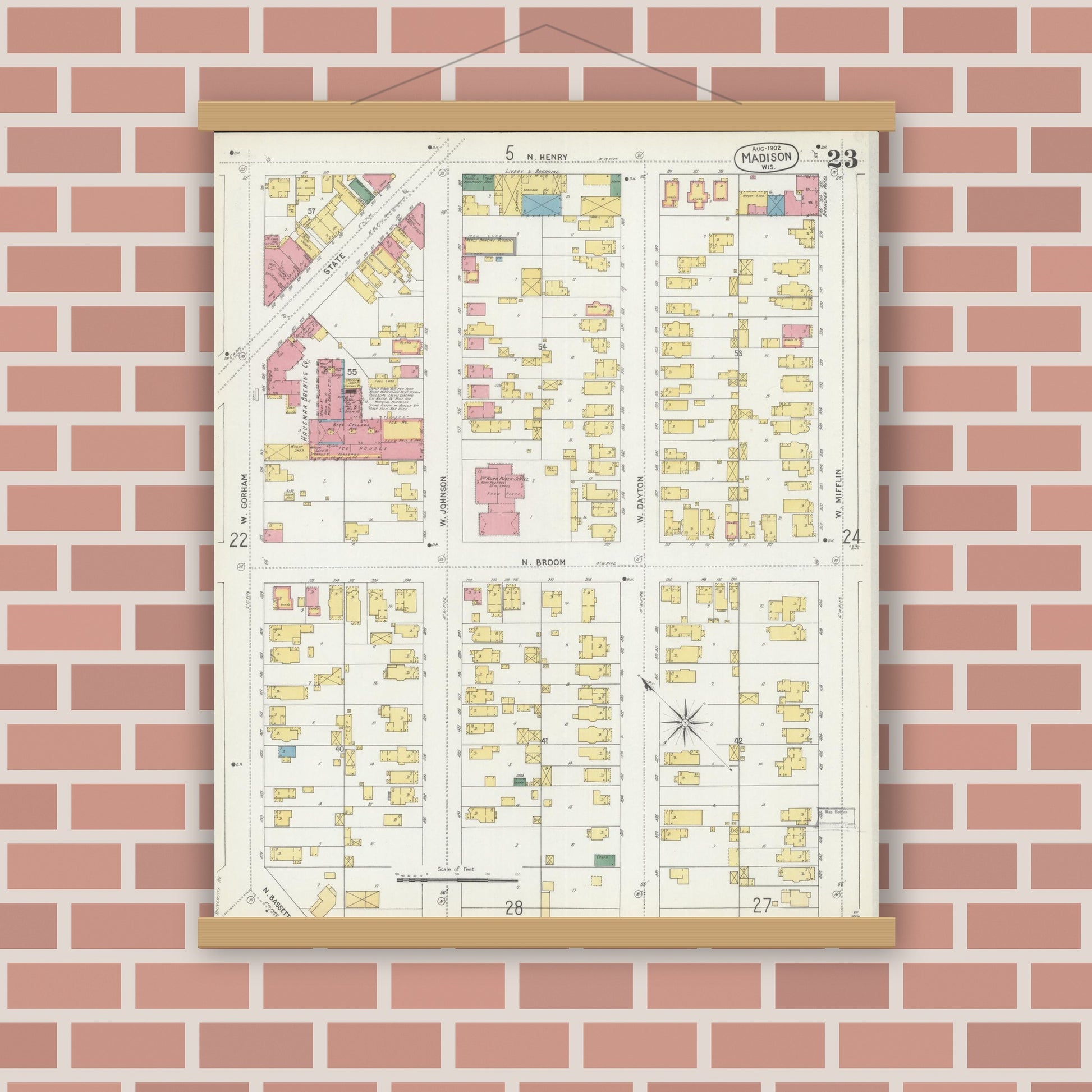 Old map wall art mockup — magnetic wood frame on brick wall — Sanborn Fire Insurance Map from Madison, Dane County, Wisconsin (1902), Sheet #0023