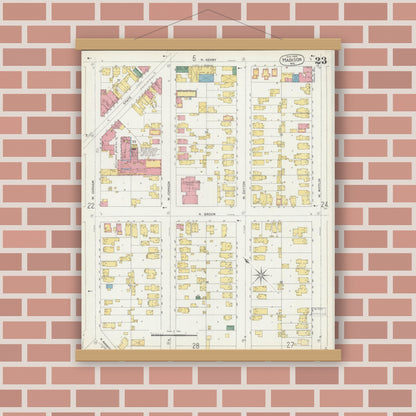 Old map wall art mockup — magnetic wood frame on brick wall — Sanborn Fire Insurance Map from Madison, Dane County, Wisconsin (1902), Sheet #0023
