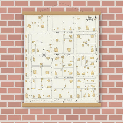Old map wall art mockup — magnetic wood frame on brick wall — Sanborn Fire Insurance Map from Bonham, Fannin County, Texas (1897), Sheet #0002