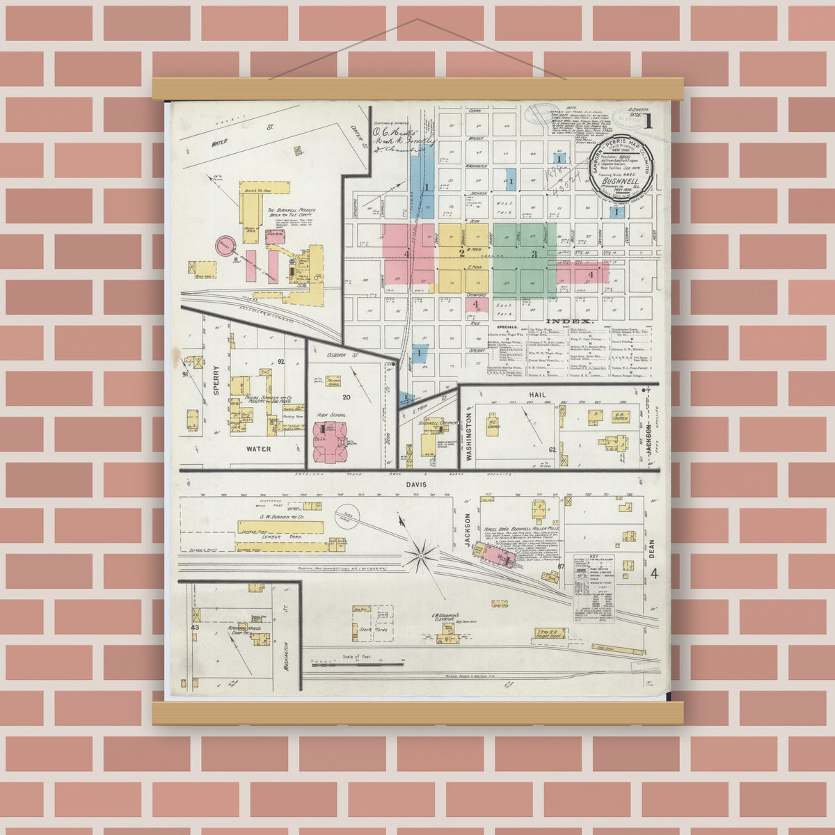 Old map wall art mockup — magnetic wood frame on brick wall — Sanborn Fire Insurance Map from Bushnell, Mcdonough County, Illinois (1898) - Complete Map Set