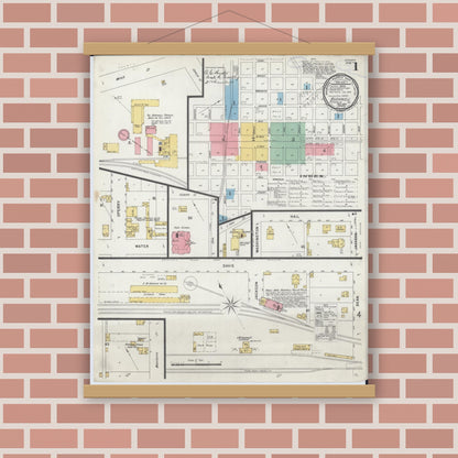 Old map wall art mockup — magnetic wood frame on brick wall — Sanborn Fire Insurance Map from Bushnell, Mcdonough County, Illinois (1898) - Complete Map Set