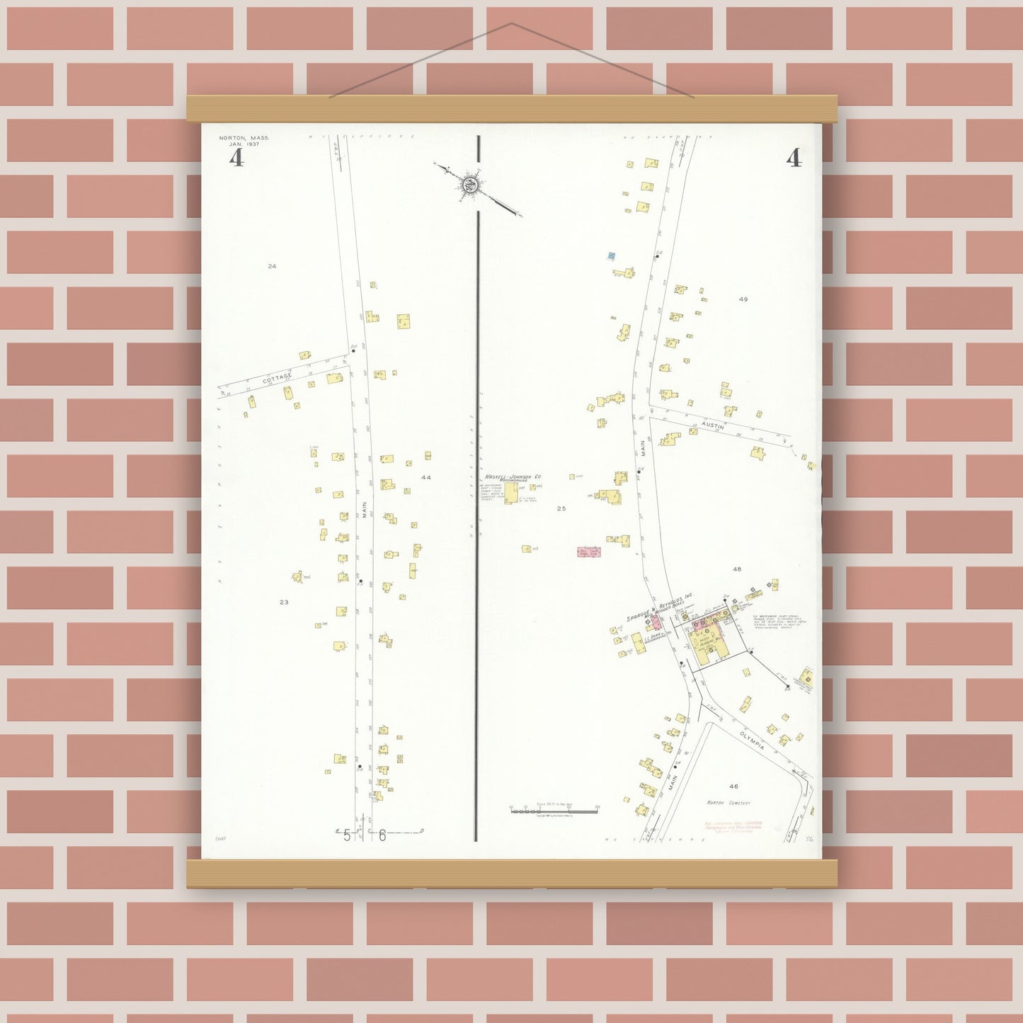 Old map wall art mockup — magnetic wood frame on brick wall — Sanborn Fire Insurance Map from Norton, Bristol County, Massachusetts (1937), Sheet #0004