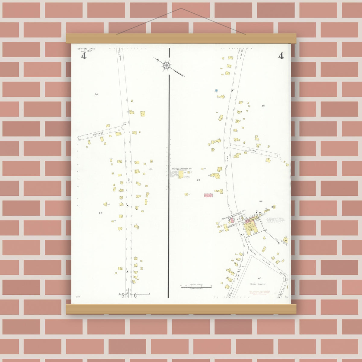Old map wall art mockup — magnetic wood frame on brick wall — Sanborn Fire Insurance Map from Norton, Bristol County, Massachusetts (1937), Sheet #0004