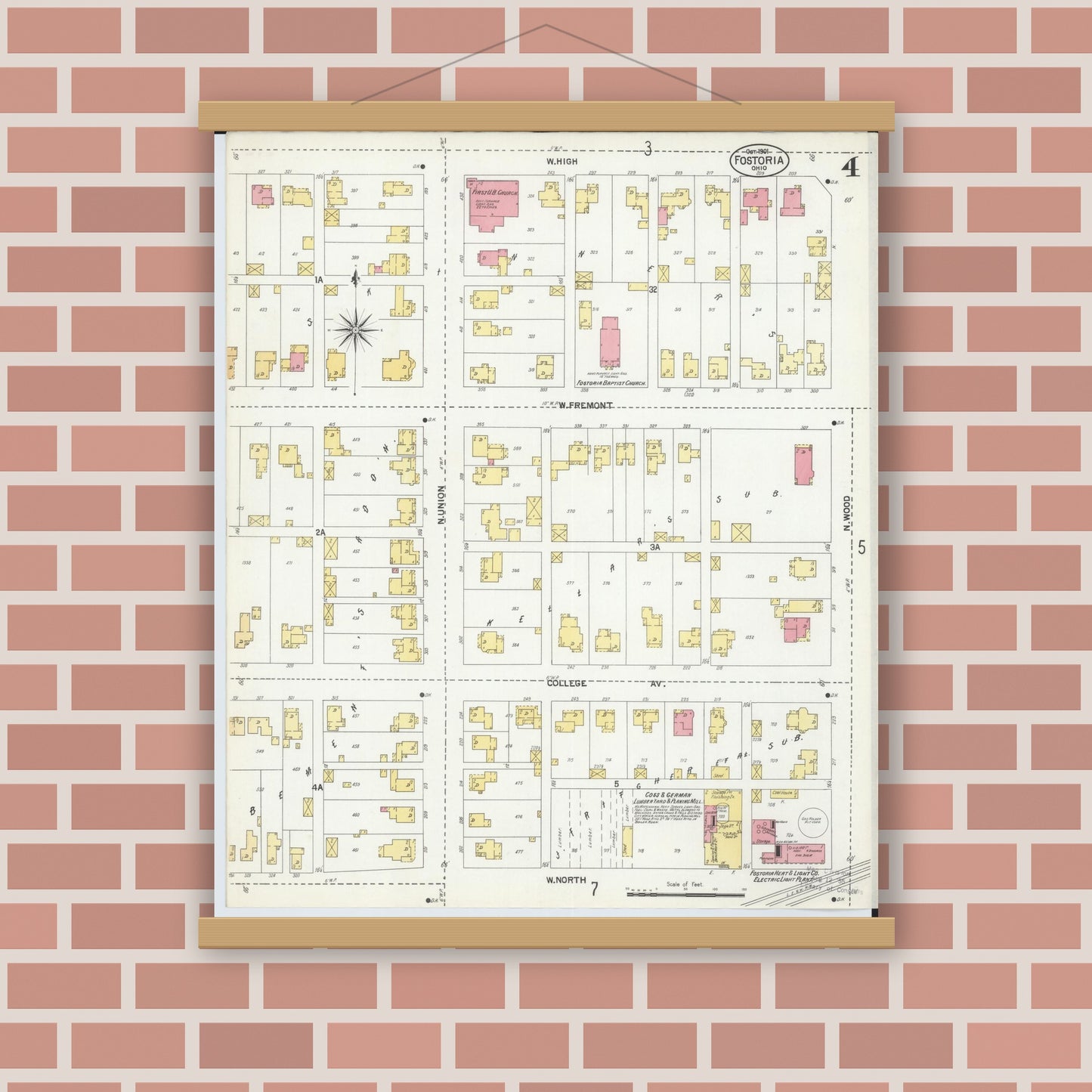 Old map wall art mockup — magnetic wood frame on brick wall — Sanborn Fire Insurance Map from Fostoria, Seneca, Hancock, And Wood Counties, Ohio (1901), Sheet #0004