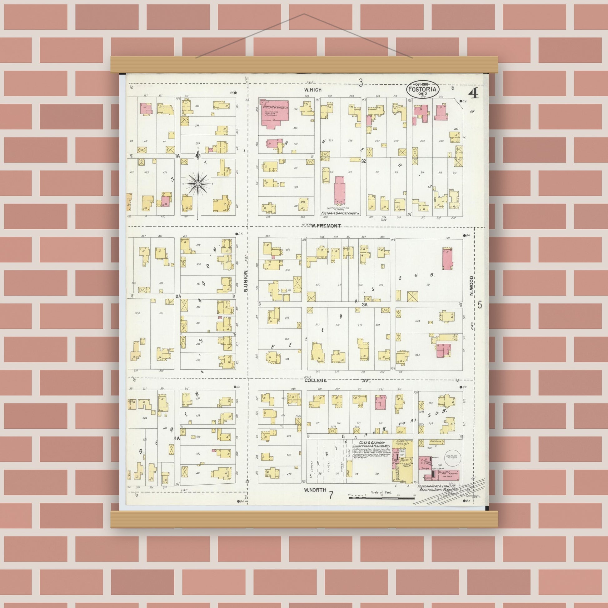 Old map wall art mockup — magnetic wood frame on brick wall — Sanborn Fire Insurance Map from Fostoria, Seneca, Hancock, And Wood Counties, Ohio (1901), Sheet #0004