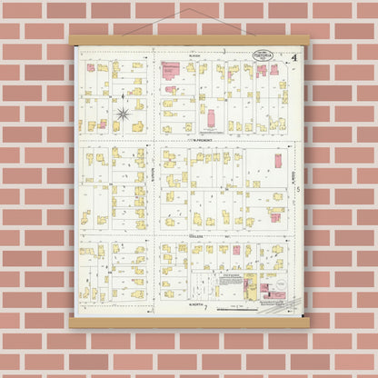 Old map wall art mockup — magnetic wood frame on brick wall — Sanborn Fire Insurance Map from Fostoria, Seneca, Hancock, And Wood Counties, Ohio (1901), Sheet #0004